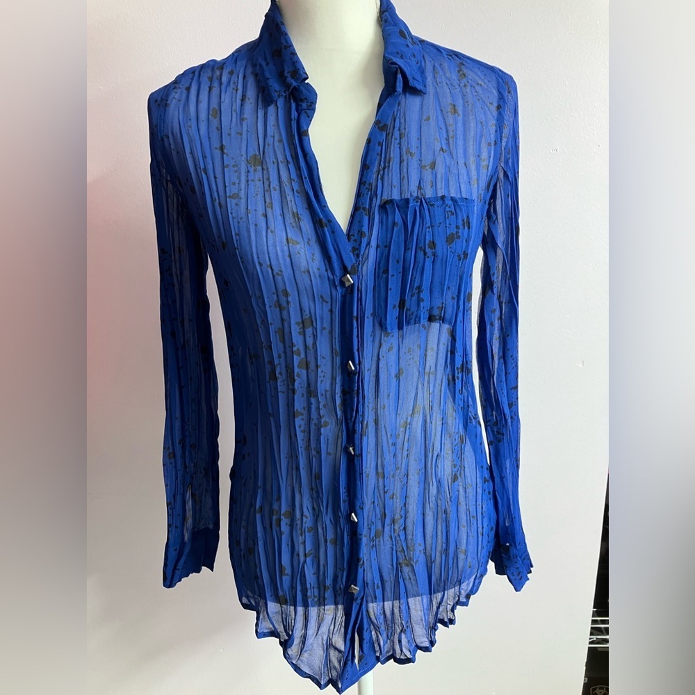 Women’s Blouse, XS, Blue/Black, Crinkle/Accordian, Sheer, by Rock & Republic
